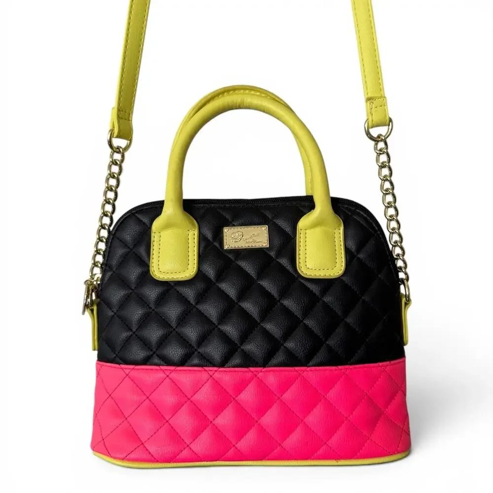 Luv Betsey by Betsey Johnson Black Pink Quilted Satchel Crossbody Bag Gold Chain